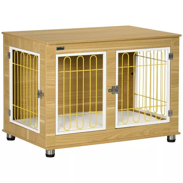 PawHut Dog Crate Furniture, Dog Cage End Table. with Soft Cushion, Double Door - Oak Tone - 1