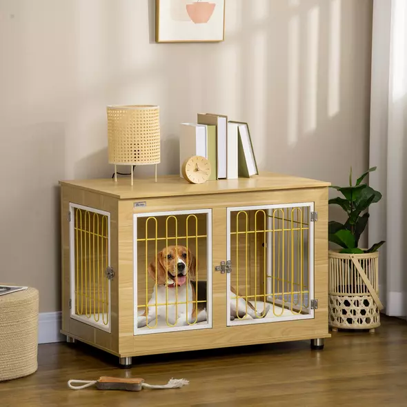 PawHut Dog Crate Furniture, Dog Cage End Table. with Soft Cushion, Double Door - Oak Tone - 2
