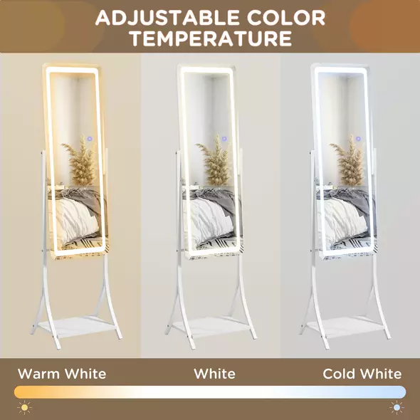 HOMCOM Free Standing Dressing Mirror with LED Lights, Full Length Mirror with 3 Temperature Colours and Storage Shelf - 5