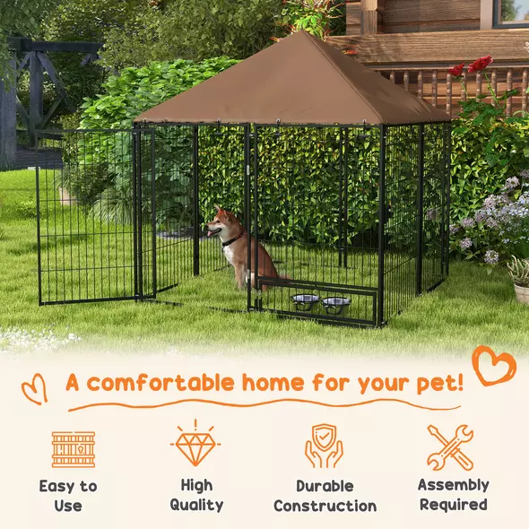 PawHut Outdoor Dog Kennel Puppy Play Pen with Canopy Garden Playpen Fence Crate Enclosure Cage Rotating Bowl 141 x 141 x 151 cm - 4