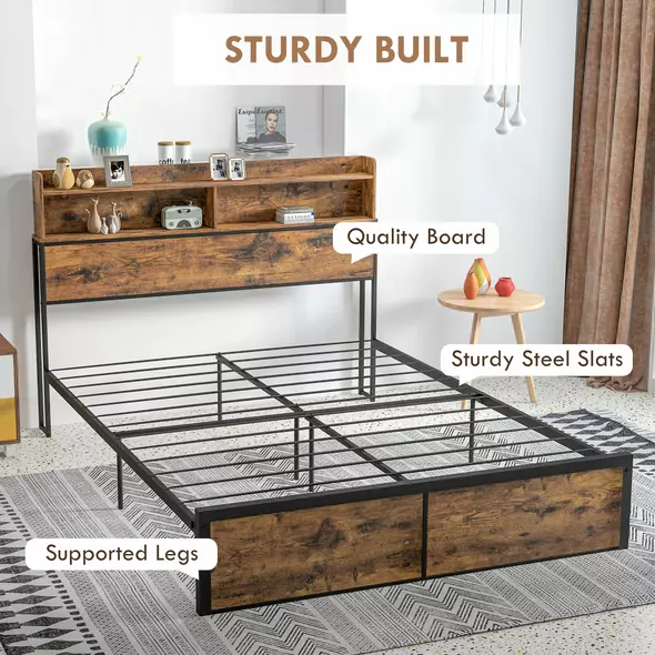 HOMCOM Industrial King Bed Frame, 5.2FT Steel Bed Base with Storage Headboard, Footboard, Slatted Support and Under Bed Storage, 158 x 222cm, Rustic Brown - 7