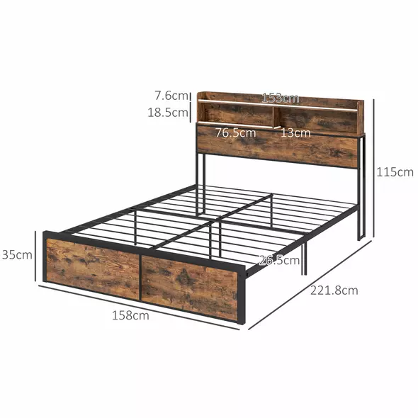 HOMCOM Industrial King Bed Frame, 5.2FT Steel Bed Base with Storage Headboard, Footboard, Slatted Support and Under Bed Storage, 158 x 222cm, Rustic Brown - 3