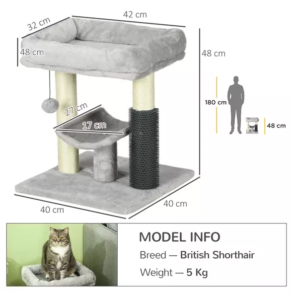 PawHut 48cm Cat Tree with Scratching Posts, Bed, Perch, Self Groomer, Toy - Grey - 3