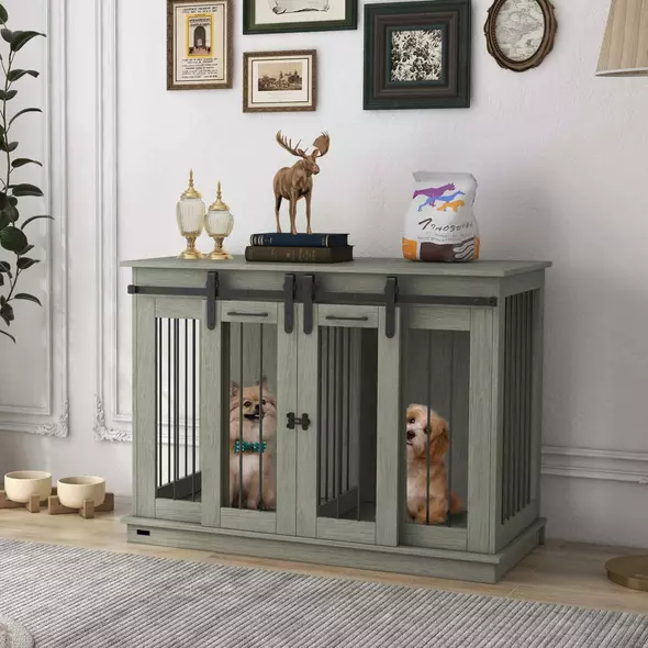 PawHut Dog Crate Furniture for Large Dogs, Double Dog Cage for Small Dogs, with Divider - Grey - 9