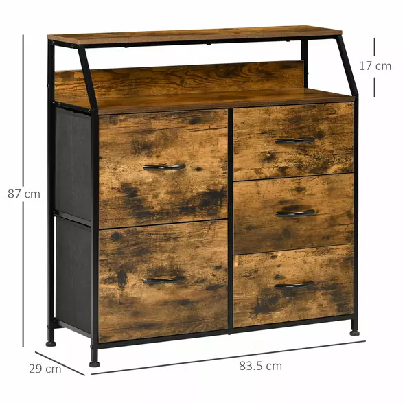 HOMCOM Bedroom Chest of Drawers, Industrial 5 Fabric Drawer Dresser with Open Shelf for Living Room, Rustic Brown - 3