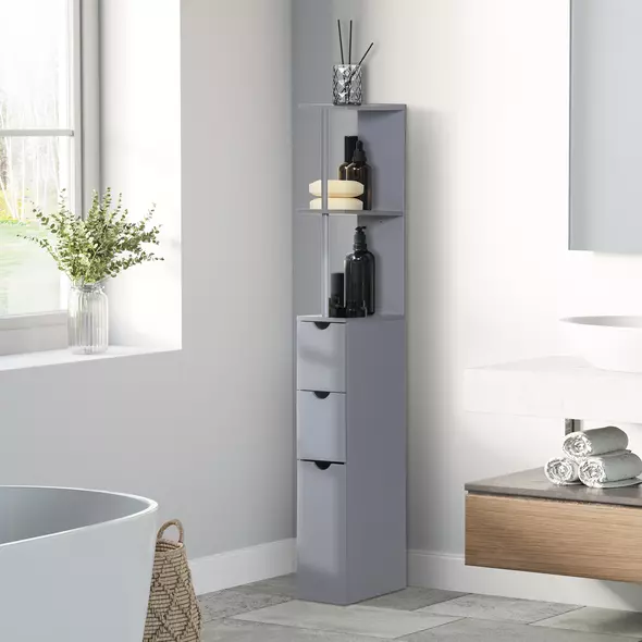 HOMCOM Tall Bathroom Cabinet, Freestanding Bathroom Storage Cabinet with 2-Tier Shelf and Drawers, Narrow Cupboard Storage Unit, Grey - 2