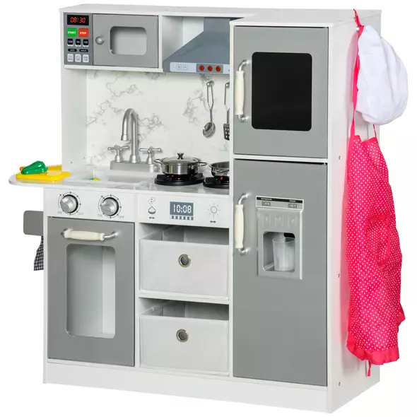 AIYAPLAY Toy Kitchen with Lights, Sounds, Apron and Chef Hat, Ice Maker, Microwave, for Ages 3-6 Years - White - 1