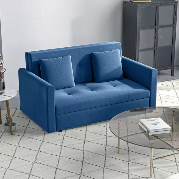 HOMCOM 2 Seater Sofa Bed with Hidden Storage, Pull Out Convertible Bed Settee, Modern Snow Flannel Loveseat Sofa Sleeper with 2 Cushions for Living Room, Guest Room, Deep Blue - 2