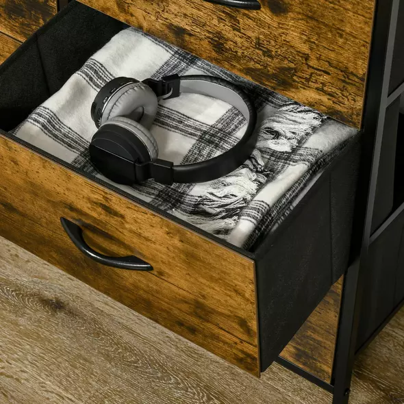 HOMCOM Bedroom Chest of Drawers, Industrial 5 Fabric Drawer Dresser with Open Shelf for Living Room, Rustic Brown - 9