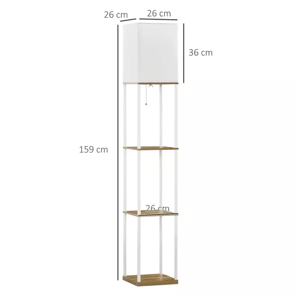 HOMCOM Modern Floor Lamp with Shelves, 3 Layer Shelf Tall Standing Lamp with Fabric Lampshade, Pull Chain Switch for Living Room, Bedroom, Bulb not Included, White - 3