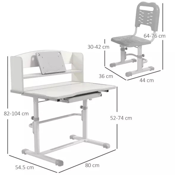 ZONEKIZ Height Adjustable Kids Study Table and Chair Set, with Drawer, Storage Shelf, 80 x 54.5 x 104 cm, Grey - 3