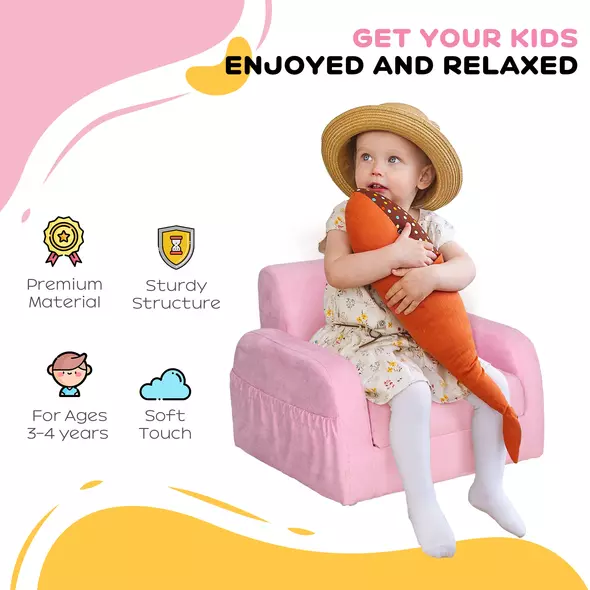 HOMCOM 2-in-1 Kids Armchair, Toddler Sofa Bed, with Wood Frame, for Bedroom, Playroom - Pink - 4