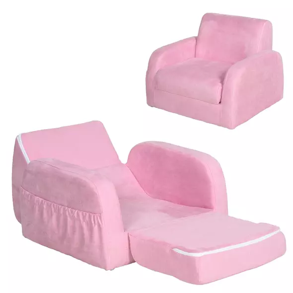 HOMCOM 2-in-1 Kids Armchair, Toddler Sofa Bed, with Wood Frame, for Bedroom, Playroom - Pink - 1