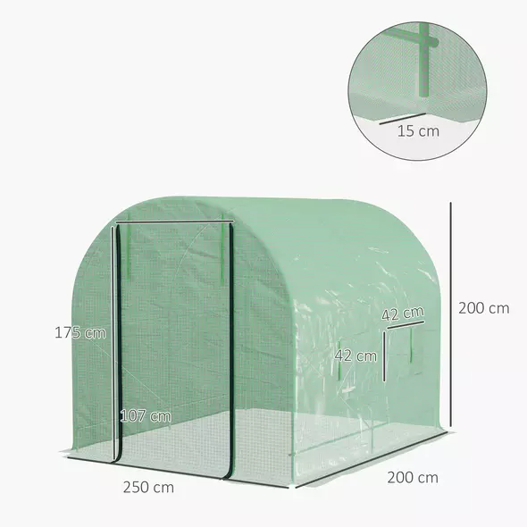 Outsunny Walk-In Garden Polytunnel Greenhouse with Steel Frame, PE Cover, Roll-Up Door and 4 Windows, 2.5 x 2m, Green - 3