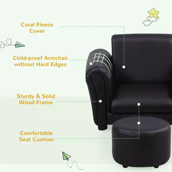 HOMCOM Toddler Chair Single Seater Kids Sofa Set, 54 x 42 x 41cm, Kids Sofa with Stool, Black - 7