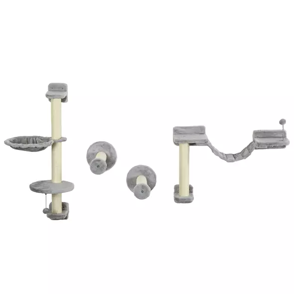 PawHut Four-Piece Cat Wall Furniture with Hammock, Perches, Ladder, Scratching Post, Grey - 1