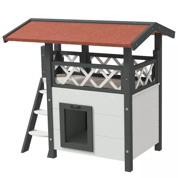 PawHut Cat House Outdoor w/ Balcony Stairs Roof, 77 x 50 x 73 cm, White - 1