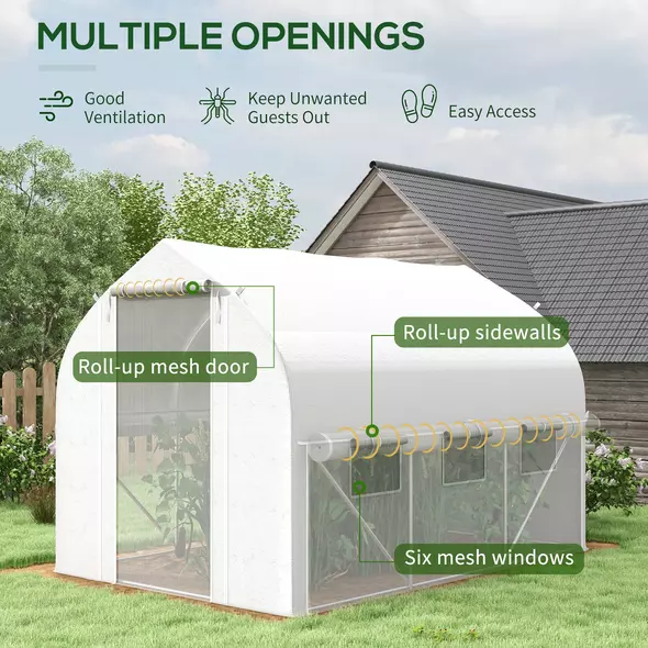 Outsunny 3 x 2(m) Walk-in Polytunnel Greenhouse, Zipped Roll Up Sidewalls, Mesh Door, 6 Mesh Windows, Tunnel Warm House Tent with PE Cover, Complimentary Plant Labels and Gloves, White - 4