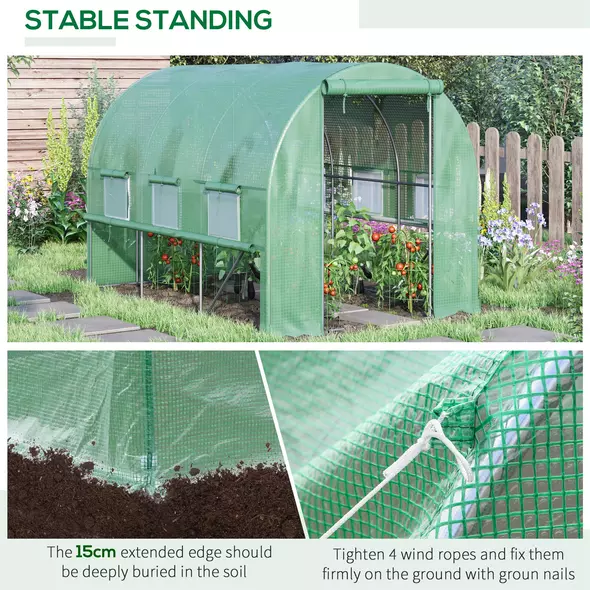 Outsunny Walk-in Polytunnel Greenhouse Green House with Roll-up Sidewalls, UV-resistant PE Cover, 3 x 2 x 2m, Green - 6