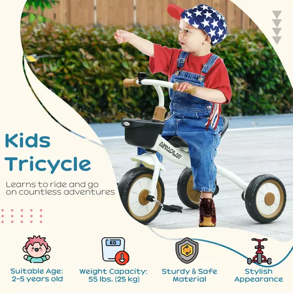 AIYAPLAY Kids Trike, Tricycle, with Adjustable Seat, Basket, Bell, for Ages 2-5 Years - White - 4