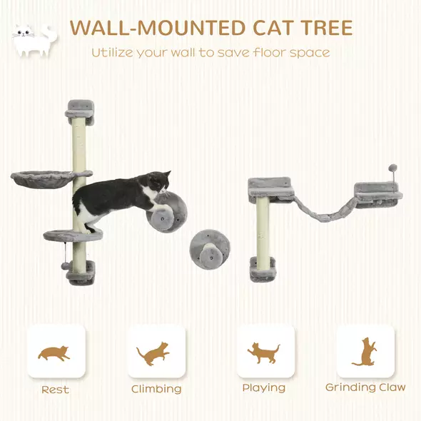 PawHut Four-Piece Cat Wall Furniture with Hammock, Perches, Ladder, Scratching Post, Grey - 4