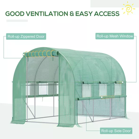 Outsunny Walk-in Polytunnel Greenhouse Green House with Roll-up Sidewalls, UV-resistant PE Cover, 3 x 2 x 2m, Green - 4