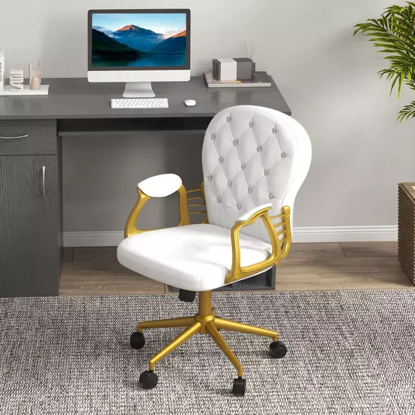 Vinsetto Height Adjustable Home Office Chair, Button Tufted Computer Chair with Padded Armrests and Tilt Function, Cream White - 9