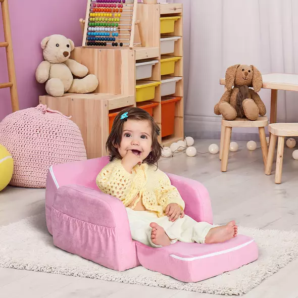 HOMCOM 2-in-1 Kids Armchair, Toddler Sofa Bed, with Wood Frame, for Bedroom, Playroom - Pink - 2