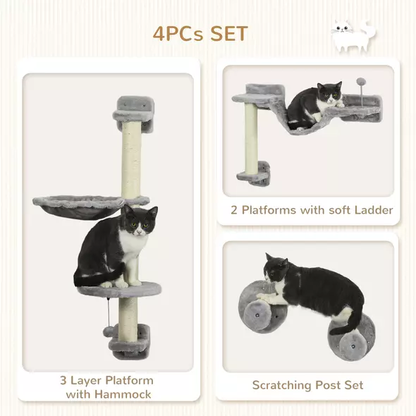 PawHut Four-Piece Cat Wall Furniture with Hammock, Perches, Ladder, Scratching Post, Grey - 5