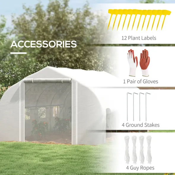 Outsunny 4 x 3(m) Walk-in Polytunnel Greenhouse, Zipped Roll Up Sidewalls, Mesh Door, 8 Mesh Windows, Tunnel Warm House Tent with PE Cover, Complimentary Plant Labels and Gloves, White - 7