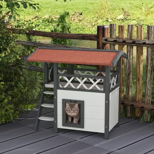 PawHut Cat House Outdoor w/ Balcony Stairs Roof, 77 x 50 x 73 cm, White - 2