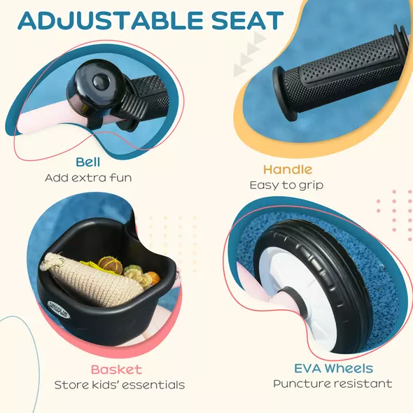 AIYAPLAY Kids Trike, Tricycle, with Adjustable Seat, Basket, Bell, for Ages 2-5 Years - Pink - 6