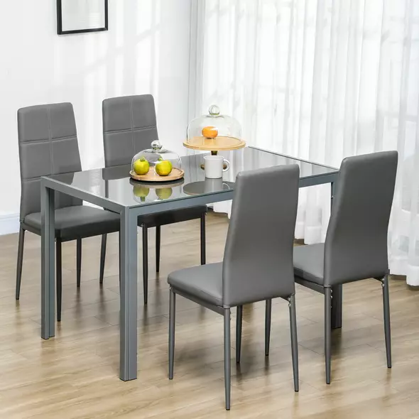HOMCOM 5-Piece Kitchen Dining Table Set with 4 Faux Leather Metal Frame Chairs Glass Tabletop Desk for Dining Room, Kitchen, Dinette, Grey - 2
