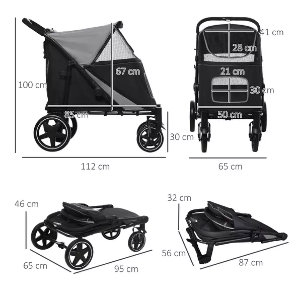 PawHut Foldable Pet Stroller, with Universal Wheels, Shock Absorber, for Medium and Large Dogs - Black - 3