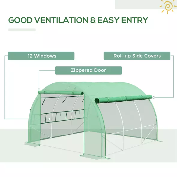 Outsunny Polytunnel Greenhouse Walk-in Grow House Tent with Roll-up Sidewalls, Zipped Door and 6 Windows, 3x3x2m Green - 5