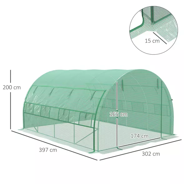 Outsunny Polytunnel Greenhouse Walk-in Grow House Tent with Roll-up Sidewalls, Zipped Door and 8 Windows, 4x3x2m Green - 3