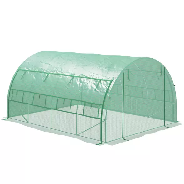 Outsunny Polytunnel Greenhouse Walk-in Grow House Tent with Roll-up Sidewalls, Zipped Door and 8 Windows, 4x3x2m Green - 1
