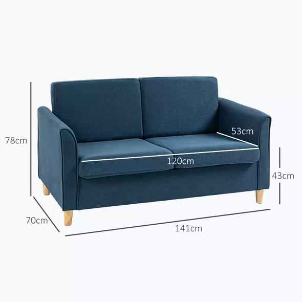 HOMCOM Compact Loveseat Sofa, Modern 2 Seater Sofa for Living Room with Wood Legs and Armrests, Blue - 3