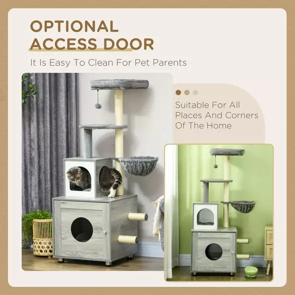 PawHut Enclosed Cat Litter Box with Cat House, Cat Bed, Scratching Posts, Platforms, for Indoor Cats - Grey - 6