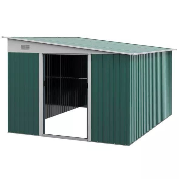 Outsunny Garden Metal Storage Shed Outdoor Metal Tool House with Double Sliding Doors and 2 Air Vents, 11.3x9.2ft, Green - 1