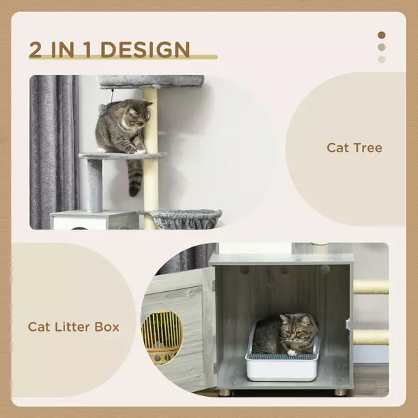 PawHut Enclosed Cat Litter Box with Cat House, Cat Bed, Scratching Posts, Platforms, for Indoor Cats - Grey - 4