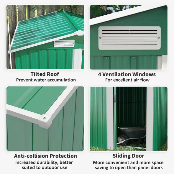 Outsunny Garden Metal Tool Storage Shed with Sliding Door, Sloped Roof and Floor Foundation, 152 x 132 x 188cm, Green - 5