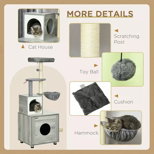 PawHut Enclosed Cat Litter Box with Cat House, Cat Bed, Scratching Posts, Platforms, for Indoor Cats - Grey - 5
