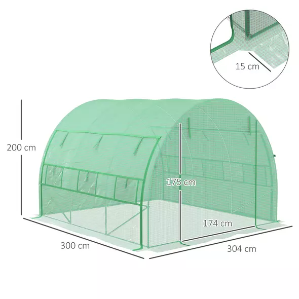 Outsunny Polytunnel Greenhouse Walk-in Grow House Tent with Roll-up Sidewalls, Zipped Door and 6 Windows, 3x3x2m Green - 3