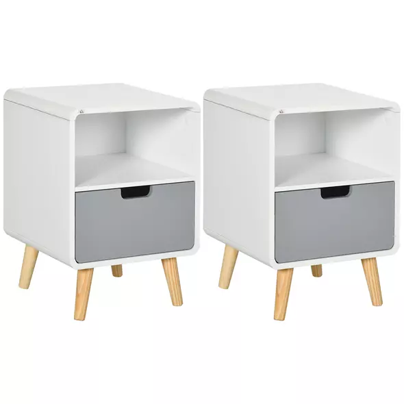 HOMCOM Wooden Bedside Table End Nightstand With Drawer Wood Lamp Desk Storage Unit Bedroom Scandinavian Nordic Style, Set of 2 - 1