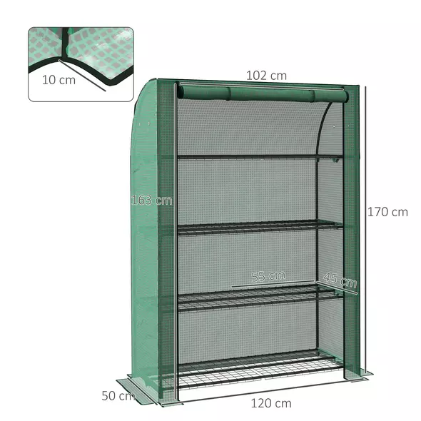 Outsunny 4 Tier Mini Greenhouse with Reinforced PE Cover, Portable Indoor Outdoor Green House with Roll-up Door and Wire Shelves, 170H x 120W x 50Dcm, Green - 3