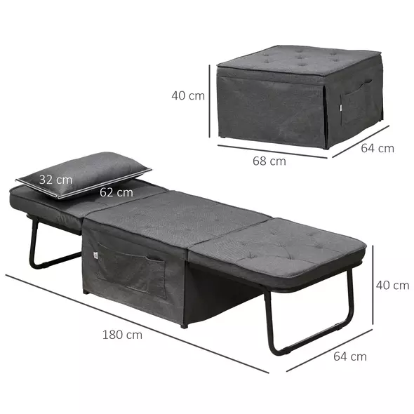 HOMCOM Fabric Sleeper Chair, Folding Chair Bed with Adjustable Backrest, Pillow, Side Pockets for Living Room, Charcoal Grey - 3