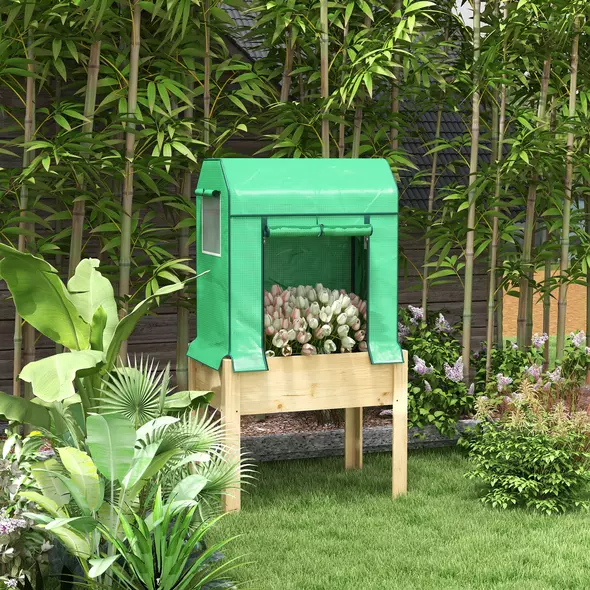 Outsunny Wooden Planter Box with PE Greenhouse Cover and Bed Liner, Raised Garden Bed for Vegetables, Flowers, Herbs - 2