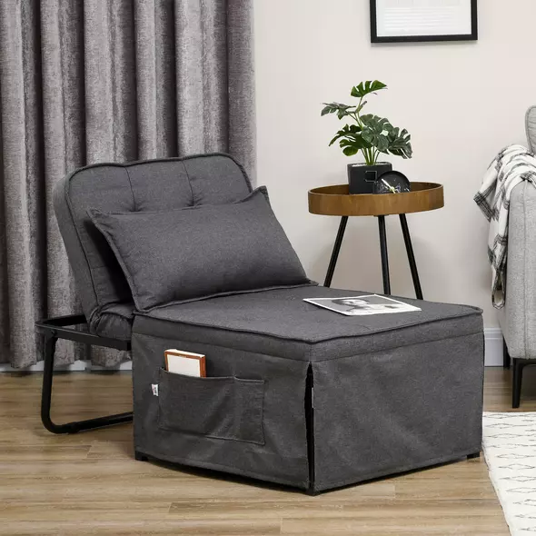 HOMCOM Fabric Sleeper Chair, Folding Chair Bed with Adjustable Backrest, Pillow, Side Pockets for Living Room, Charcoal Grey - 2