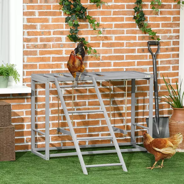 PawHut Chicken Activity Play with Swing Set for 3-4 Chickens, Wooden Chicken Coop, Grey - 2